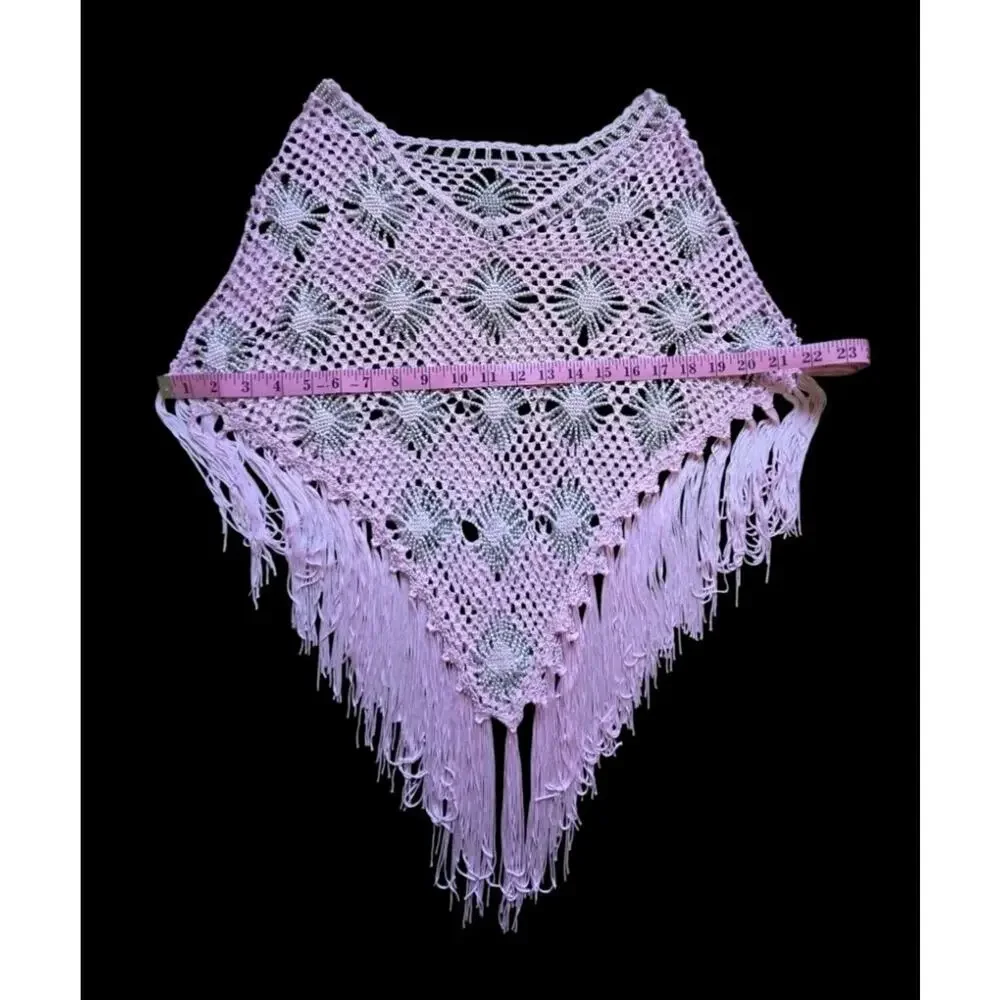 Crochet Poncho Beaded Baby Pink Floral Fringe Fairy Boho Festival Beach Cover Up